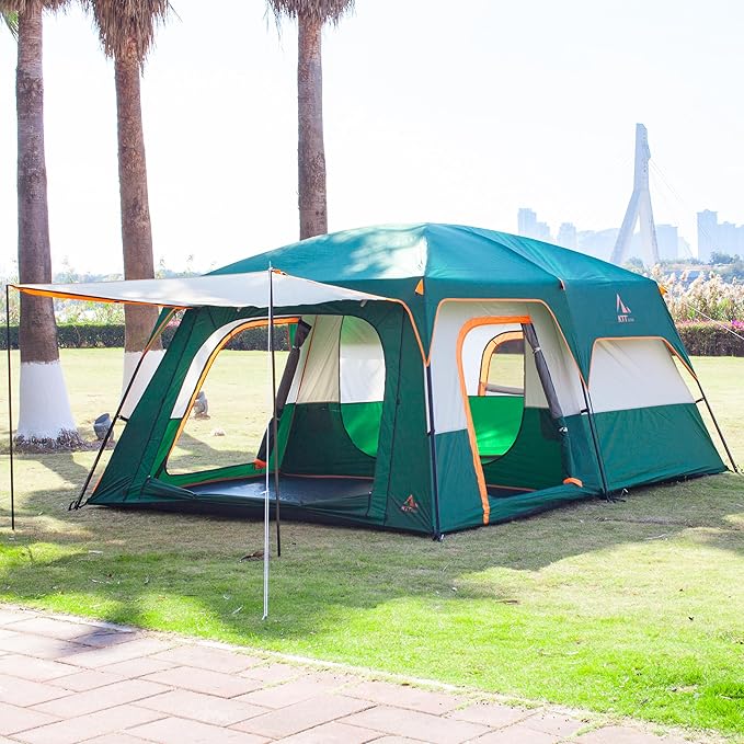 KTT Extra Large Tent 6-10-12-14 Person(A),Family Cabin Tents,2 Rooms,3 Doors and 3 Windows with Mesh,Straight Wall,Waterproof,Double Layer,Big Tent for Outdoor,Picnic,Camping,Family Gathering