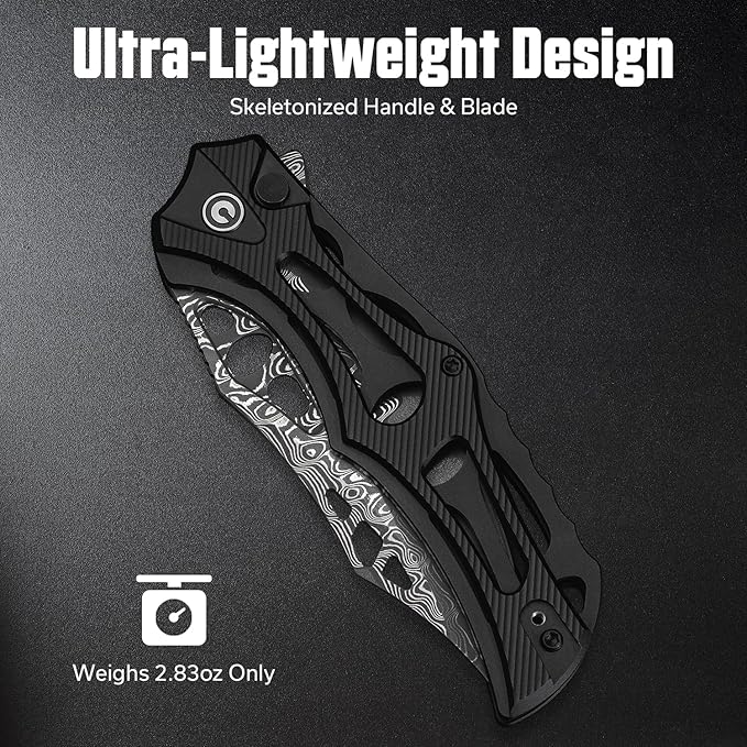 CIVIVI Biophase Pocket Folding Knife for Men, 3.48" Damascus Blade Aluminum Handle, Lightweight Skeletonized Flipper Knife for Tactical Survival C23083-DS1 (Black)