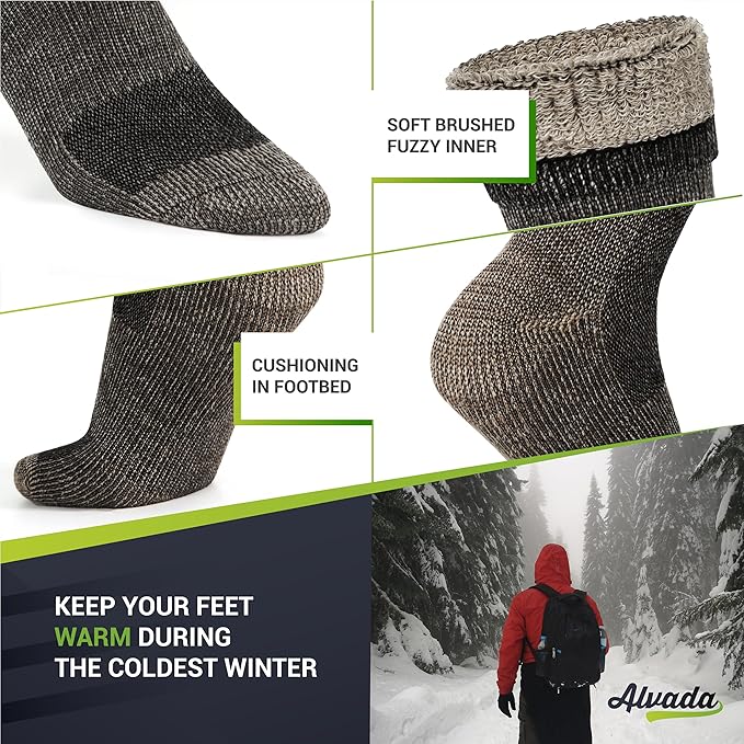 Alvada Merino Wool Hiking Socks Thermal Warm Crew Winter Boot Sock For Men & Women 3 Pairs