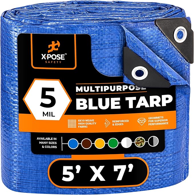 Better Blue Poly Tarp - 5' X 7' - Multipurpose Protective Cover, Lightweight, Durable, Waterproof, Weather Proof - 5 Mil Thick Polyethylene - by Xpose Safety