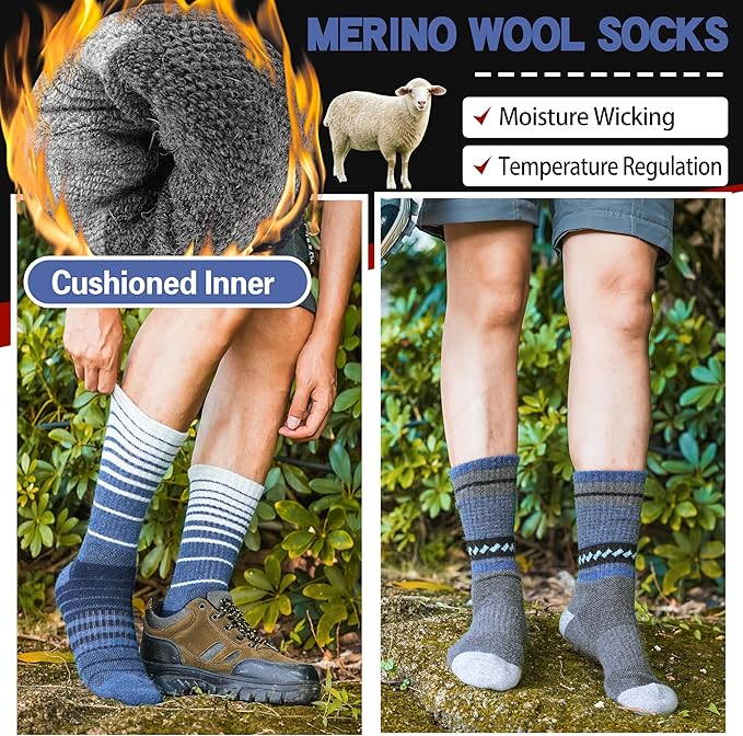 5 Pairs Merino Wool Hiking Socks Thermal Winter Warm Moisture Wicking Cushion Outdoor Socks for Women & Men