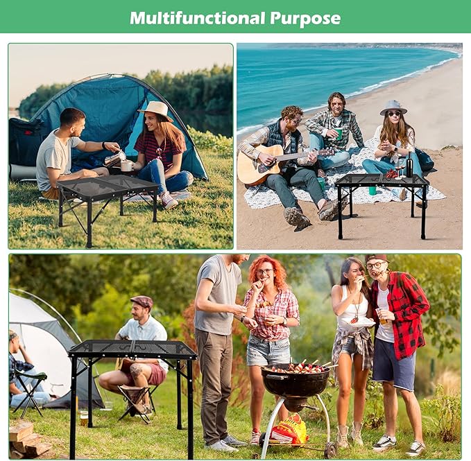Small Folding Grill Table for Outside, 3 Heights Adjustable Lightweight Portable Metal Outdoor Grill Table for Camping Picnic Cooking BBQ, Black