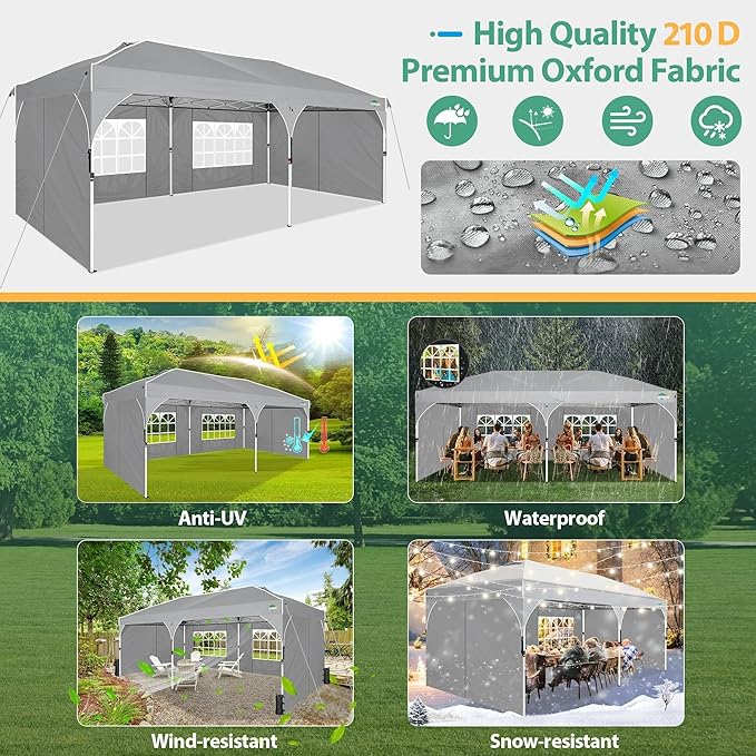 COBIZI 10x20 Pop Up Canopy: Canopy Tent with Patented Center-Lock Tech | Quick-Setup,UV-Reflective & Detachable Walls | 210D Waterproof | 3 Height Adjustments for Parties,Weddings,Outdoor Events(Gray)