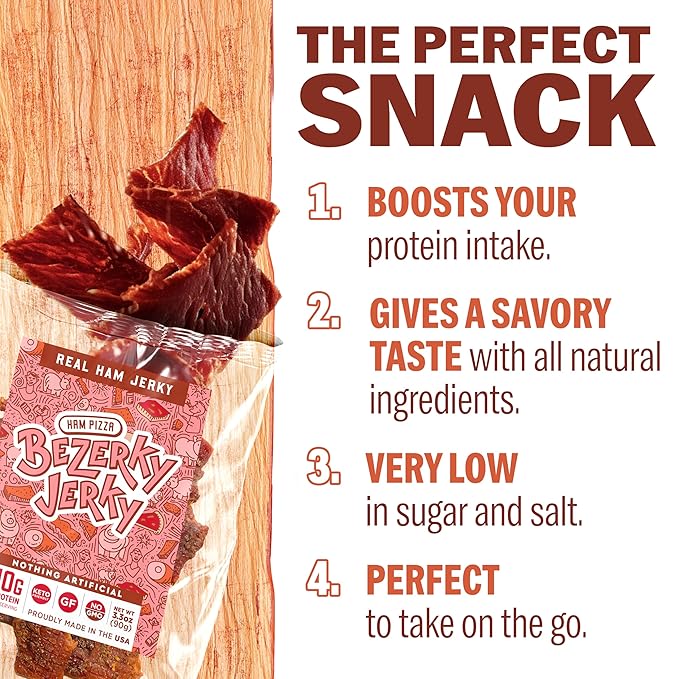 Premium Ham Jerky | Flavorful Pizza Ham | Camping Food | Backpacking Snacks | Low Fat High Protein Jerky | Non-GMO | Small Batch Handcrafted | Healthy Snacks | Bezerky Jerky | 16 ounce (Pack of 1)