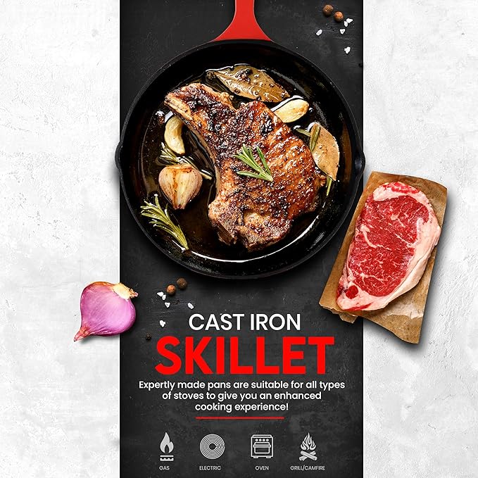 Utopia Kitchen Cast iron Skillets 3 Piece Set,Chefs Pan, Pre Seasoned Cast iron Skillets, 6, 8 & 10 Inches, Easy Use in the Oven, Stove, Grill, or Campfire, Red