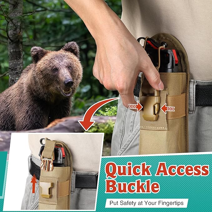 Bear Spray Holster with Quick Release Buckle (Spray Not Included), Nylon Holster with Hook & Loop for 7.9 & 9.2fl Oz Canister, Portable Pouch & Elastic Cord Design for Hiking Camping, Outdoor