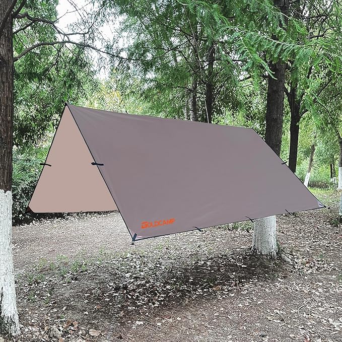 Waterproof Camping Tarp，210T Ripstop Polyester Fabric with 6000mm PU Waterproof Rating Hammock Rain Fly,Tent Tarp Shelter Canopy，Camping Traveling Awning Backpacking Tarp(Brown 10×10ft)