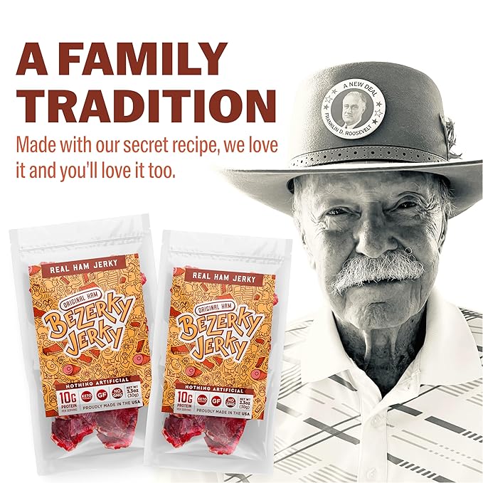 All Natural Jerky | Premium Ham | Old Fashioned Recipe | Keto Food | High Protein Food | Authentic American | Gluten-Free | Non-GMO | Low Carbs | Bezerky Jerky 3.3 Oz (Pack of 1)