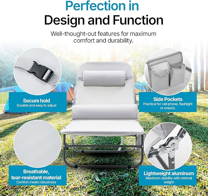NIXSCALINO Lounge Chair | Adjustable Recliner with Foldable Leg Part | Lightweight Aluminum Frame | Ergonomic Cushioning | cot for Camp | Perfectly Suite for Beach, Outdoor Camping