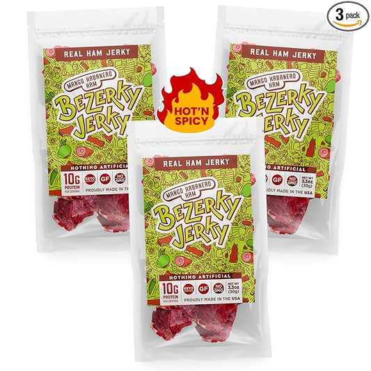 All Natural Spicy Jerky | Mango Habanero | Healthy Keto Snack | Authentic American Ham | Non-GMO | Gluten-Free | Low Fat | High Protein | Camping Food | Bezerky Jerky | 3.3 Oz (Pack of 3)