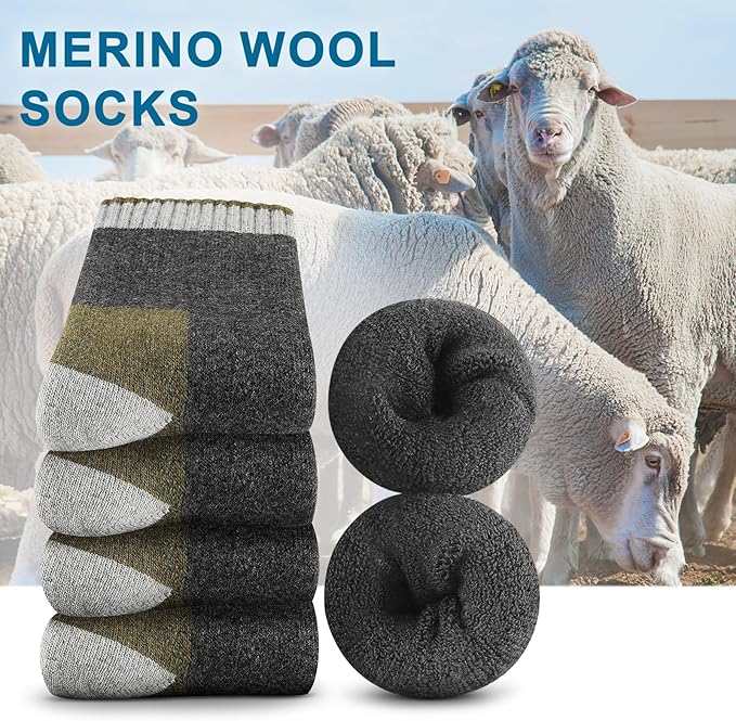 UUMIAER Merino Wool Socks for Men Hiking Thermal Warm Winter Crew Socks Thick Cushion Moisture Wicking Socks 5 Pairs