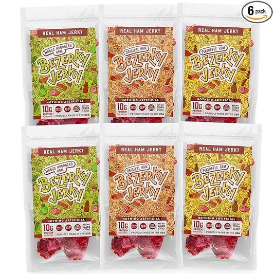 All Natural Ham | Jerky Variety Pack | Old Fashioned Recipe | Keto-Friendly | Gluten-Free | low carb snack | High Protein | Bezerky Jerky 3.3 Oz (Pack of 6)