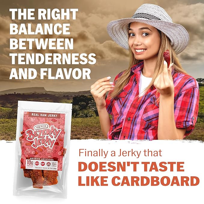 Premium Ham Jerky | Flavorful Pizza Ham | Camping Food | Backpacking Snacks | Low Fat High Protein Jerky | Non-GMO | Small Batch Handcrafted | Healthy Snacks | Bezerky Jerky | 16 ounce (Pack of 1)