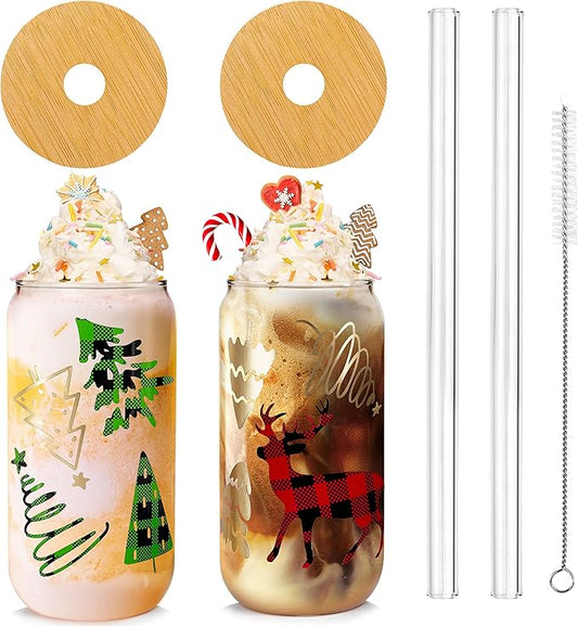 ANOTION Christmas Cups, 18oz Christmas Coffee Mugs Glass Cups with Lid and Straw Colorful Xmas Tree Tumbler Drinking Glasses Glassware Drinkware Cookie Jar Home Decoration Gifts for Women Kids Men