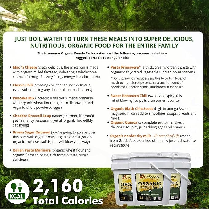 Numanna Organic Family Pack Bucket 162 Servings | USDA Organic, CCOF Certified | 1-Month Meal Kit | Ready-to-Eat Survival Meals | 25-Year Shelf Life | USA Made | Ideal for Daily Use & Emergency Prep