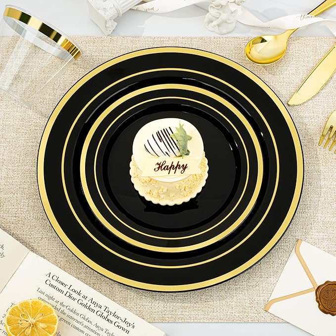 600PCS Black Gold Dinnerware Set for 100 Guests, Plastic Plates for Halloween Party and Christmas, 100 Disposable Plates, 100 Dessert Plates, 100 Cups, 100 Spoons, 100 Forks and 100 Knives