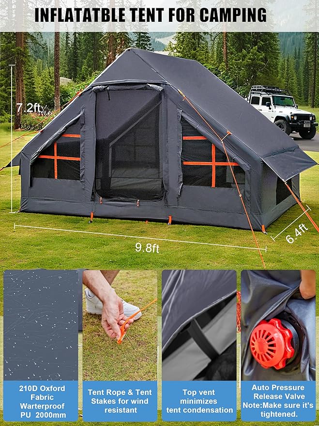 Inflatable Tents for Camping - Easy Blow Up Glamping Tent with Hand Pump, Waterproof PVC Air Inflatable Tent House for Family Weekend Camping