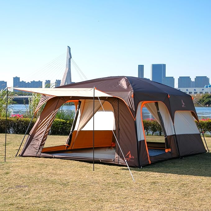 KTT Extra Large Tent 6-10-12-14 Person(A),Family Cabin Tents,2 Rooms,3 Doors and 3 Windows with Mesh,Straight Wall,Waterproof,Double Layer,Big Tent for Outdoor,Picnic,Camping,Family Gathering