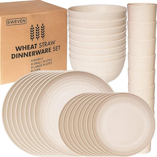 Wheat Straw Dinnerware Sets | Unbreakable Dinnerware Sets | Dishwasher Microwave Safe Dinnerware | Eco Friendly Non Breakable Dinnerware Sets | RV Outdoor Camping (Beige, Service for 8 (32 pcs))