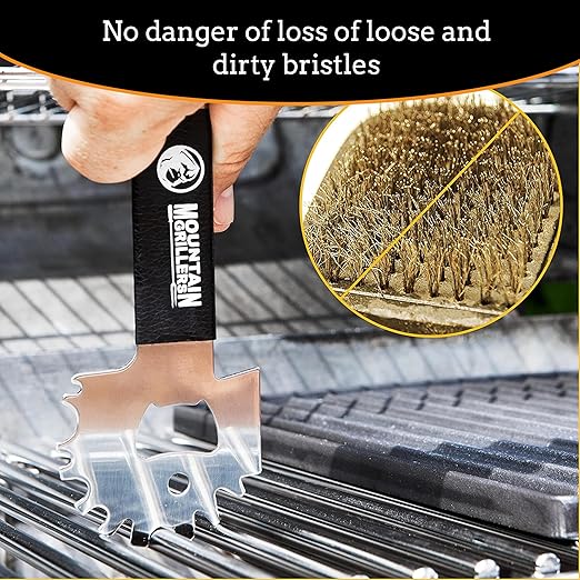 Mountain Grillers BBQ Grill Grate Scraper - Wide Portable Grill Scrubber for Outdoor Grill, Griddle, Smoke or Oven Grates - Non Slip Stainless Steel Grill Cleaning Tools with Built-in Bottle Opener