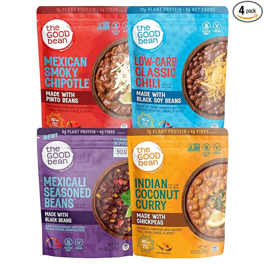 The Good Bean Heat and Eat Pouch - Variety Pack - (Pack of 4) 10 oz Pouch - Mexican Smoky Chipotle, Low-Carb Classic Chili, Mexicali Seasoned Beans, and Indian Coconut Curry