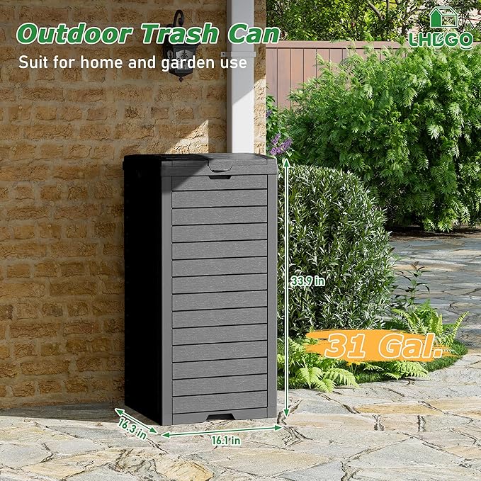Outdoor Trash Can, 31 Gallon Garbage Can with Tiered Lid and Drip Tray, Waterproof Resin Patio Waste Bin for Garden, Backyard, Deck