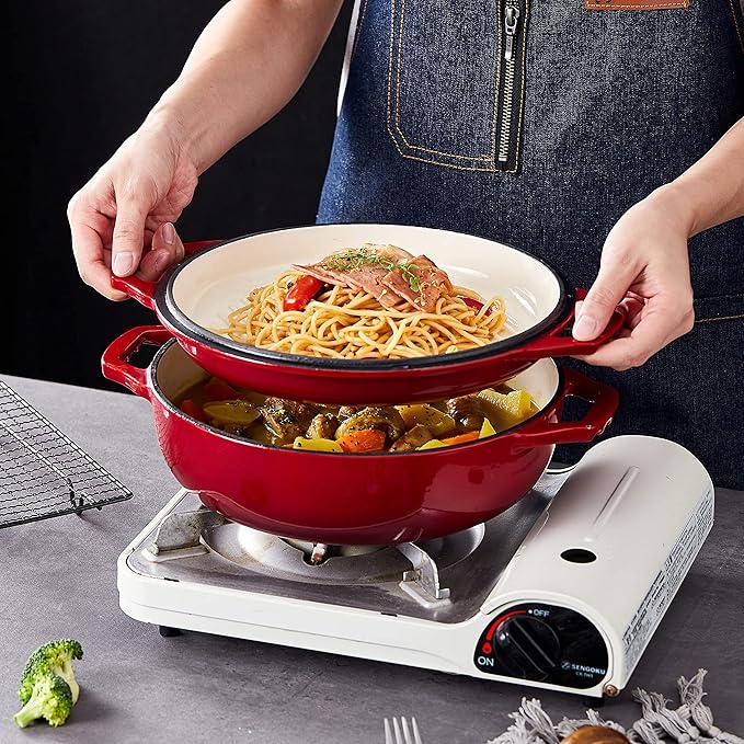 Bruntmor 2-in-1 Pre-Seasoned Cast Iron Pan |Cocotte Double Braiser Pan with Grill Lid 3.3 Quarts - Barbecue Grill Non Stick Frying Pan - Nonstick Cookware Set with Wide Handle (Red)