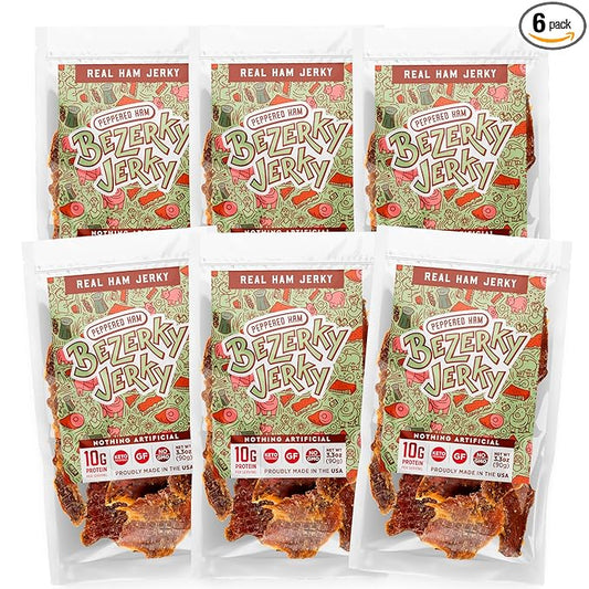 All Natural Real Ham Jerky | Peppered Ham | Small Batch Handcrafted | Old Fashioned | Low Fat High Protein | Gluten-Free | Non-GMO | Small Batch Handcrafted | Healthy Snack | Bezerky Jerky | Pack of 6