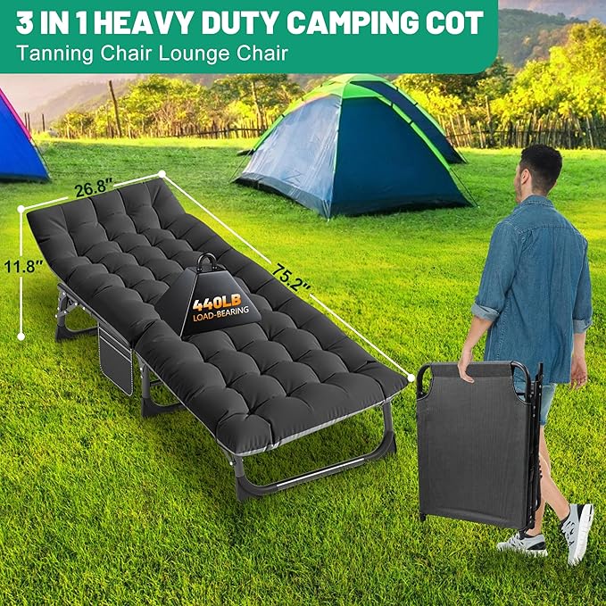 Slsy Folding Camping Cot for Adults with Pad, Padded Portable Sleeping Cots, Camp Bed with Carry Bag for Outdoor Travel, Beach, Hiking