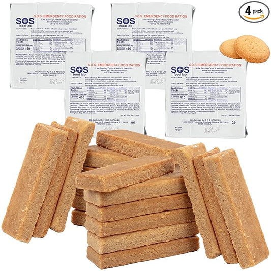 SOS Food Lab Emergency Food Bar - 3600 Calorie Ration (4 Pack Shortbread Cookie) - 3 Day/72 Hour Ready to Eat Supply for Camping, Hiking, Disaster Preparedness - 5 Year Shelf Life Energy Survival Food