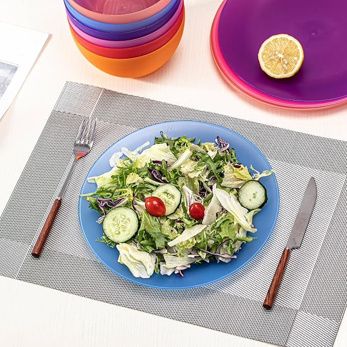 18-Piece Plastic Dinnerware Set, Unbreakable and Reusable Plastic Plates Bowls Tumblers, Multicolor