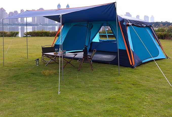 KTT Extra Large Tent 12 Person(A),Awning Family Cabin Tents,2 Rooms,3 Doors and 3 Windows with Mesh,Straight Wall,Waterproof,Double Layer,Big Tent for Outdoor,Picnic,Camping,Family Gathering。