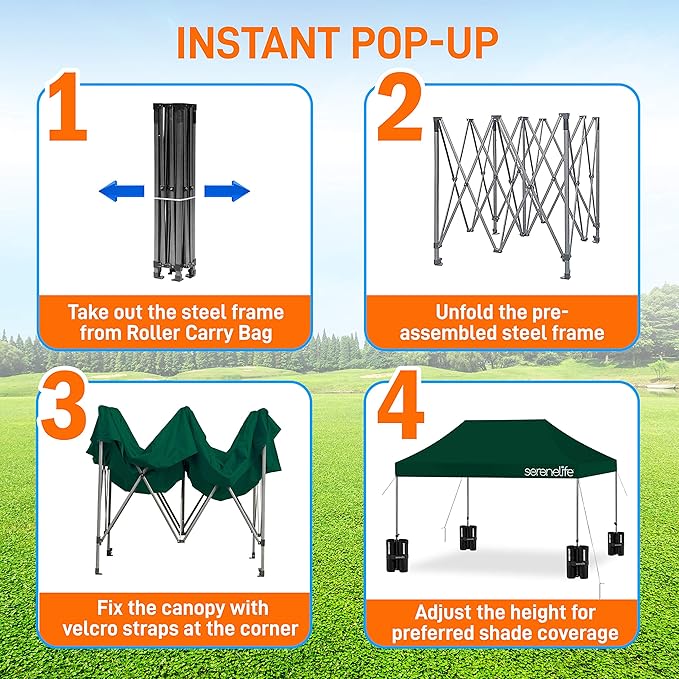SereneLife SLGZ15FG Pop Commercial Instant Shelter-Waterproof Polyester Tent with Portable Wheeled Carry Sand Bag, 10 x 15 ft. (Forest Green), 10x15