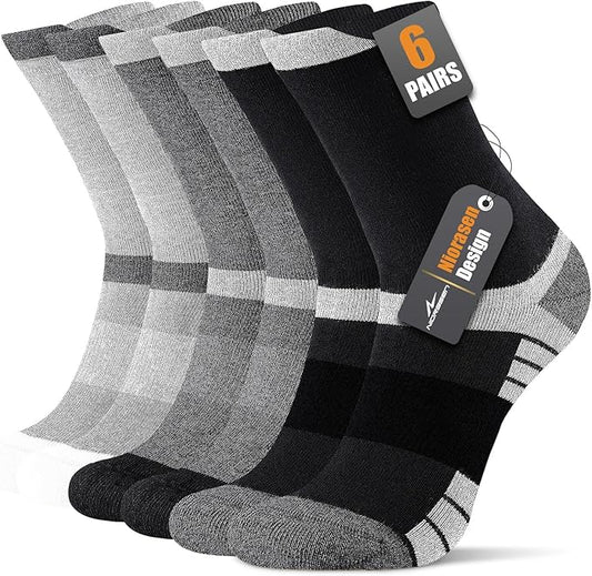 6 Pairs Men's Cotton Crew Work Boot Socks, Moisture Cushioned Athletic Sports Socks for Hiking Running Workout