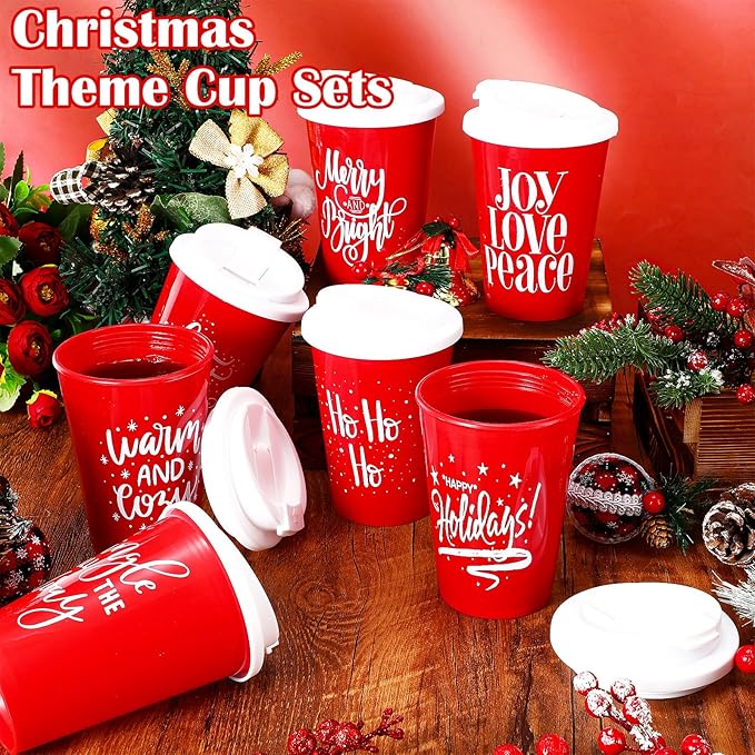 Sliner 30 Pcs Christmas Reusable Coffee Cups with Lids Bulk 12 oz Christmas Plastic Cup Gifts Xmas Drinks Tumblers with Snowflake for Coworkers Family Winter Party Favors (Red)