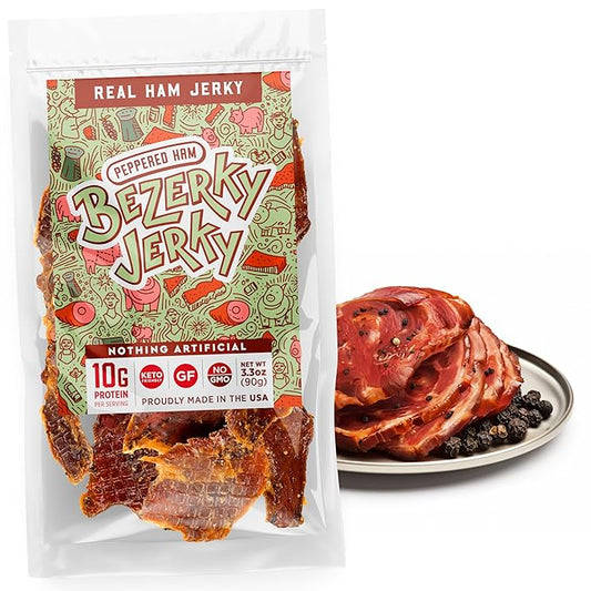 All Natural Real Ham Jerky | Peppered Ham | Small Batch Handcrafted | Old Fashioned | Low Fat High Protein | Gluten-Free | Non-GMO | Small Batch Handcrafted | Healthy Snack | Bezerky Jerky | Pack of 1