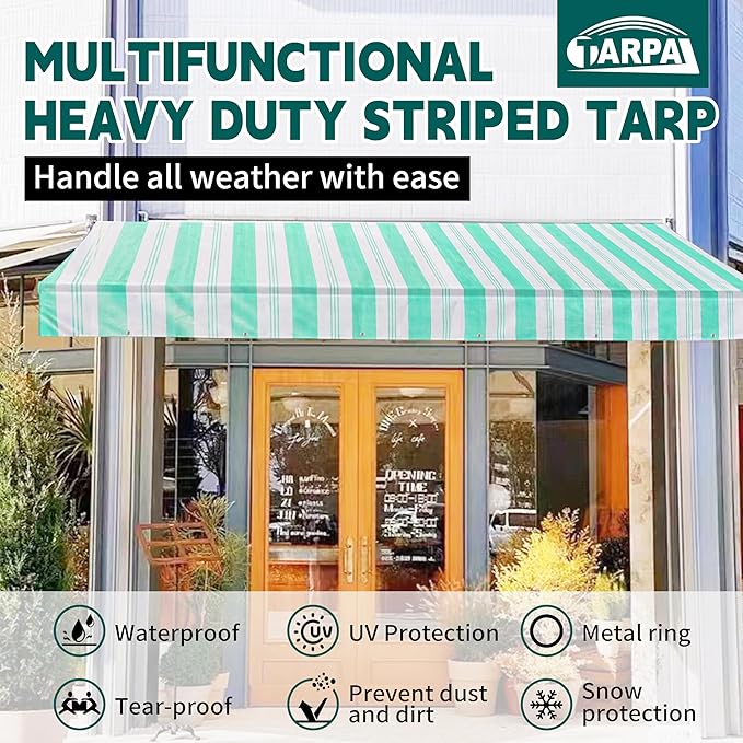 TARPAL Heavy Duty Poly Tarp 14x16 Feet 12mil Striped tarp Multipurpose Protective Cover Durable, Waterproof, Weather Proof, UV,Rip and Tear Proof（Green/White）