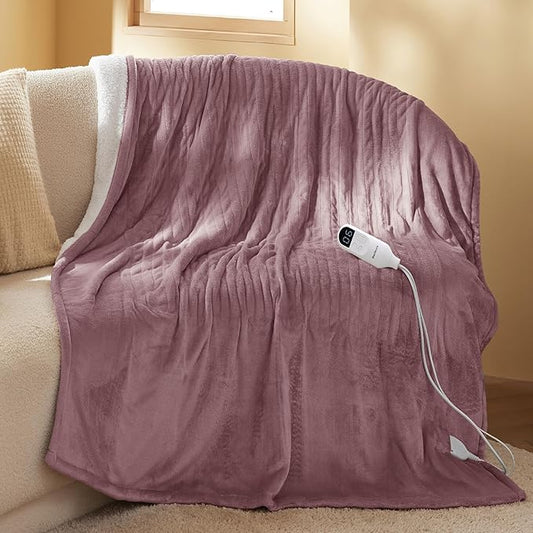 Bedsure Heated Blanket Throw Blanket - Fast Heating Electric Blanket, Soft Flannel Heated Throw with 4 Time Settings, 6 Heating Settings, Warm Gifts for Grandma (50x60 inches, Woodrose)