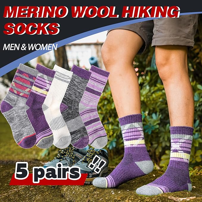 5 Pairs Merino Wool Hiking Socks Thermal Winter Warm Moisture Wicking Cushion Outdoor Socks for Women & Men