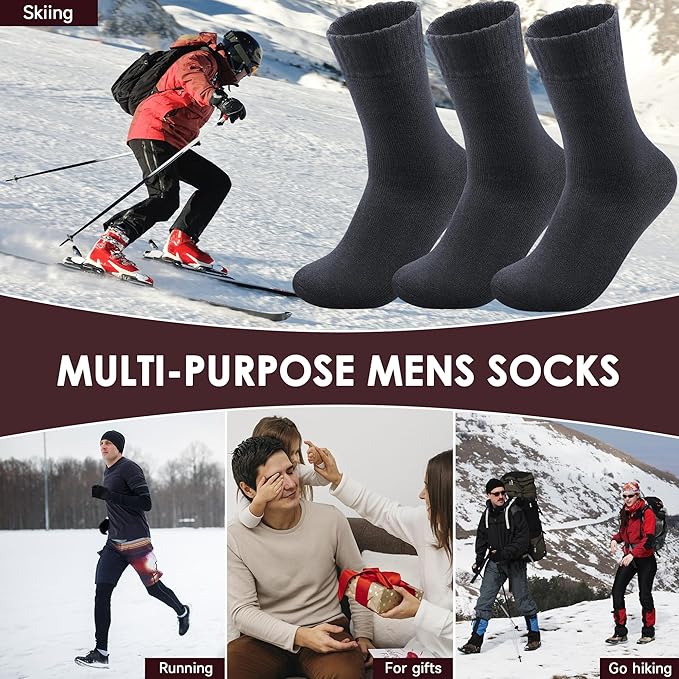 Reamphy 3 Pairs Thermal Socks for Men 6-13, Thick Warm Winter Outdoors Hiking Socks Mens