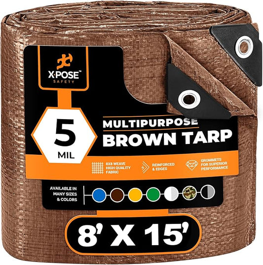 Multipurpose Protective Cover Brown Poly Tarp 8' x 15' - Durable, Water Resistant, Weather Resistant - 5 Mil Thick Polyethylene - by Xpose Safety