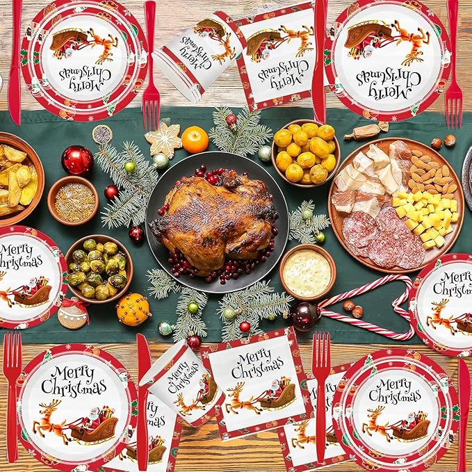 (25 Guests) 175pcs Christmas Plates and Napkins, Knives, Forks, Spoons, Cups, Disposable Dinnerware Set Paper Plates with Silverware for Christmas New Year Thanksgiving Party