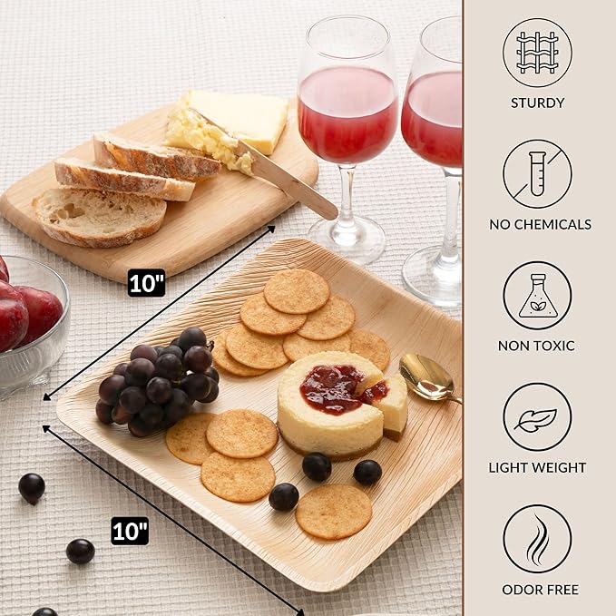 Disposable Palm Leaf Plates - Eco-Friendly Alternative to Bamboo Plates and Plastic Plates - Heavy-Duty Compostable & Biodegradable Party Plates - Microwave and Oven Safe Dinnerware - 10" Set of 50
