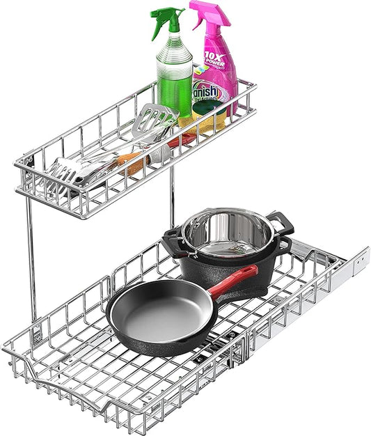 SIMPLE HOUSEWARE 2-Tier (L+M) Organizer Pull Out Under Cabinet Sliding Shelf, Chrome
