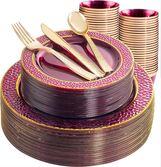 Ciaell 150PCS Clear Red Plastic Plates - Disposable Red and Gold Plates Set include 50Plates, 25Forks, 25Knives, 25Spoons, 25Cups for Wedding & Party & Christmas