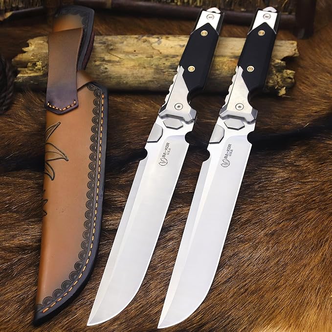 BA-KOR 14.3 inch All-Tang 9CR18MOV Hunting Survival knife + sheath,&（5.9in） Drilled Flint Fire Starter ， stainless steel +G10 handle camping knife, multi-purpose EDC tool knife ﻿