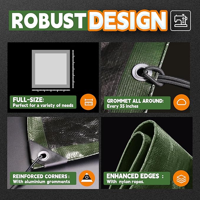 RAINDEWAY Tarps 12x16 Feet,Tarp Waterproof,9Mil Thick,Finished Size,Multipurpose Poly Tarp Cover with Metal Grommets and Reinforced Edges,Green/Black Tarpaulin