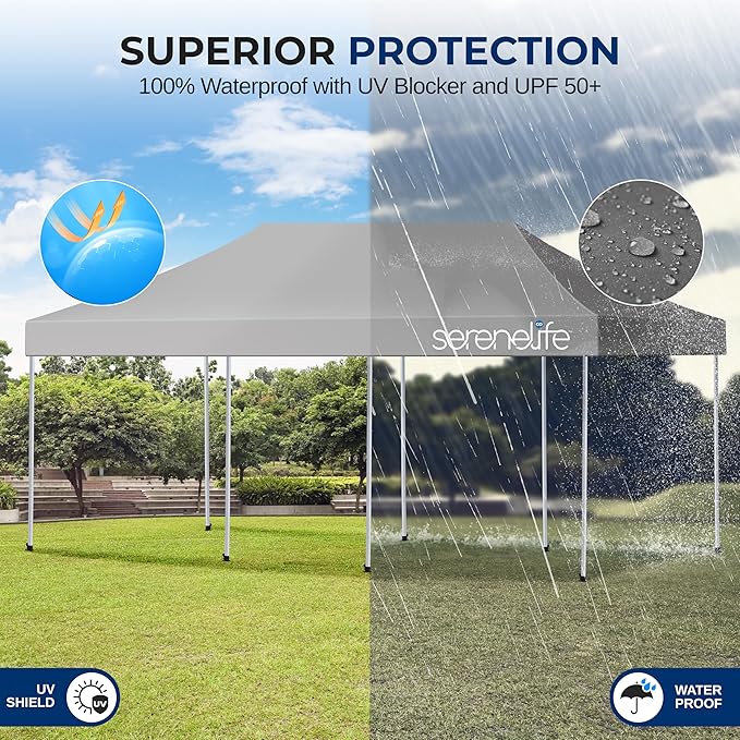 SereneLife 10x30 Ft. Pop Up Commercial Tent – Large Instant Pop-Up Canopy, Heavy Duty Waterproof Polyester Shelter with Wheels, Sandbags, Stakes & Ropes, Ideal for Parties, Events, & Gatherings
