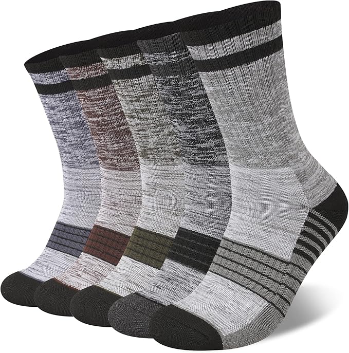 COOVAN Mens Hiking Crew Socks 5 Pairs Moisture Wicking Cushioned Athletic Boot Outdoor Socks
