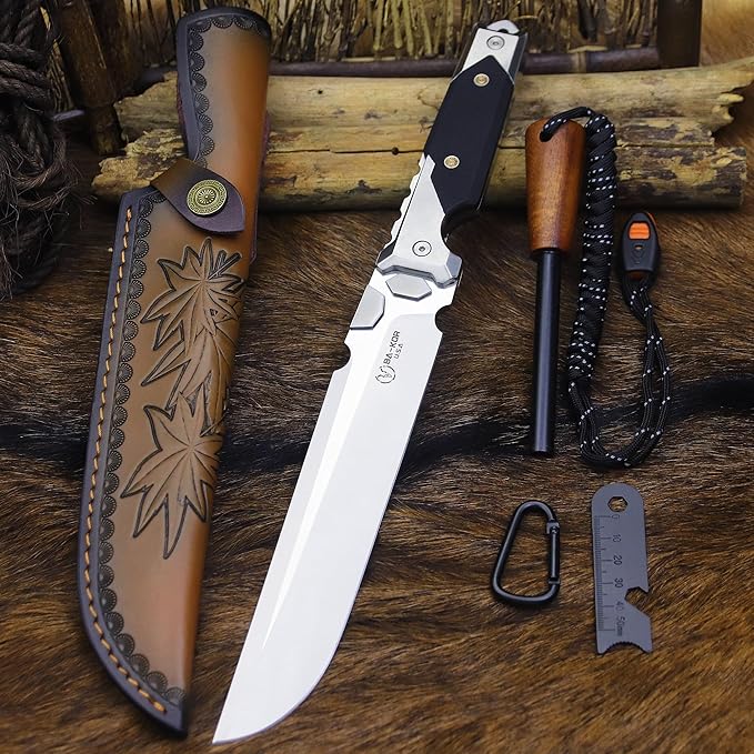 BA-KOR 14.3 inch All-Tang 9CR18MOV Hunting Survival knife + sheath,&（5.9in） Drilled Flint Fire Starter ， stainless steel +G10 handle camping knife, multi-purpose EDC tool knife ﻿